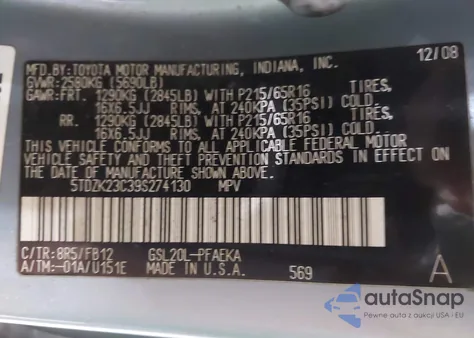 2009 Toyota Sienna Ce from USA, damaged, VIN 5TDZK23C39S274130